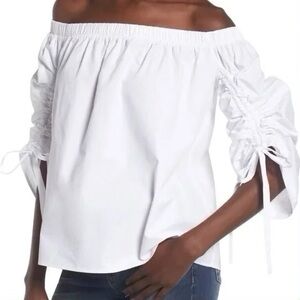Nordstrom Soprano Small White Off Shoulder Ruched Drawstring 3/4 Sleeve Top NWT